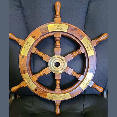 Custom engraved wooden boat wheel, Doug's Engraver's Den