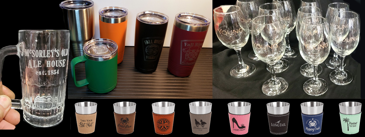 Custom engraving & laser printing services for promotional glassware, drinkware, mugs; unique personalized drinkware gifts